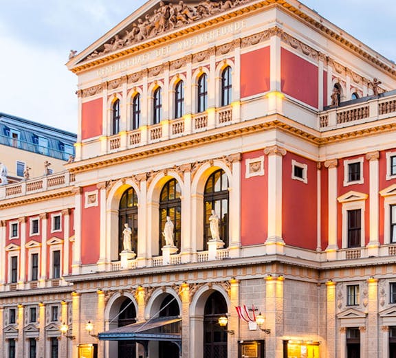 Musikverein Golden Hall exterior in Vienna, Austria, featuring ornate architecture.