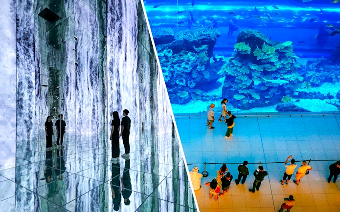 ARTE MUSEUM Dubai immersive exhibit and visitors at Dubai Aquarium & Underwater Zoo.