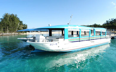 Glass-bottom boat on Okinawa Hip Hop Bus Tour near Churaumi Aquarium.