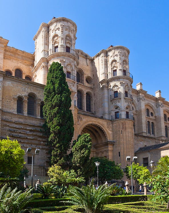 Málaga Cathedral facade with lush garden and tall trees in foreground.