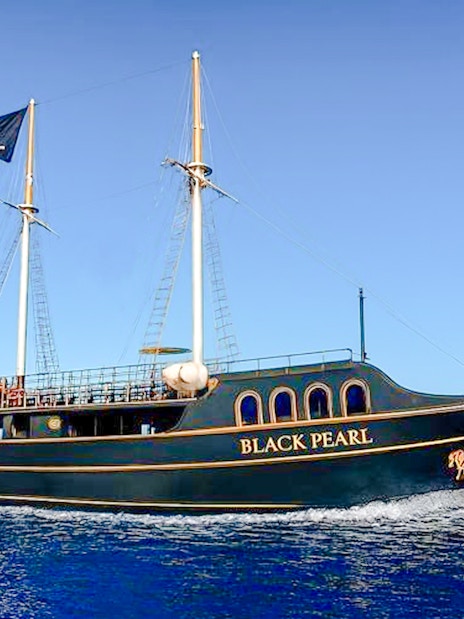 Pirate ship Black Pearl sailing on Souda Bay cruise.