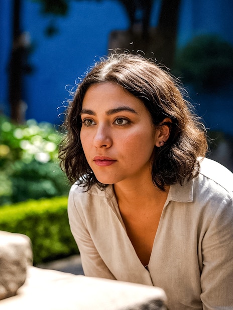 Tourist observing sculpture in Frida Kahlo Museum courtyard, Mexico City.