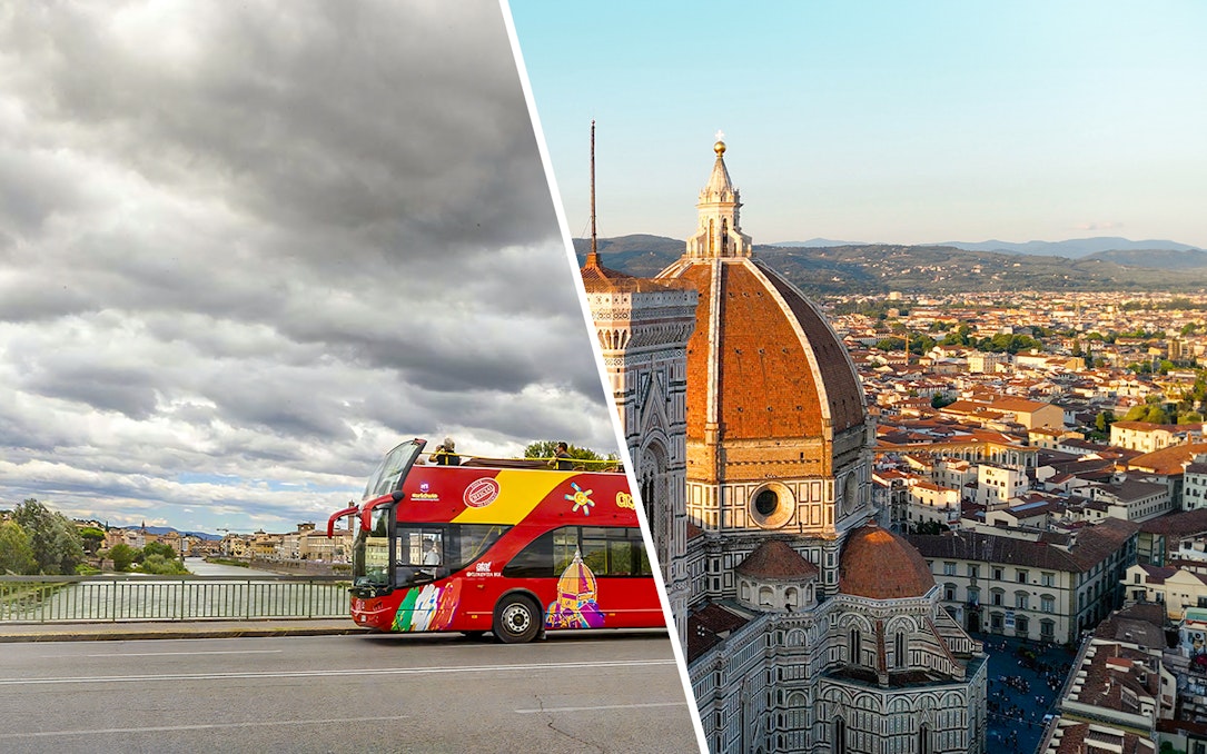 Hop-on hop-off bus near Florence Cathedral with cityscape view.