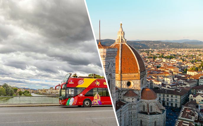 Hop-on hop-off bus near Florence Cathedral with cityscape view.