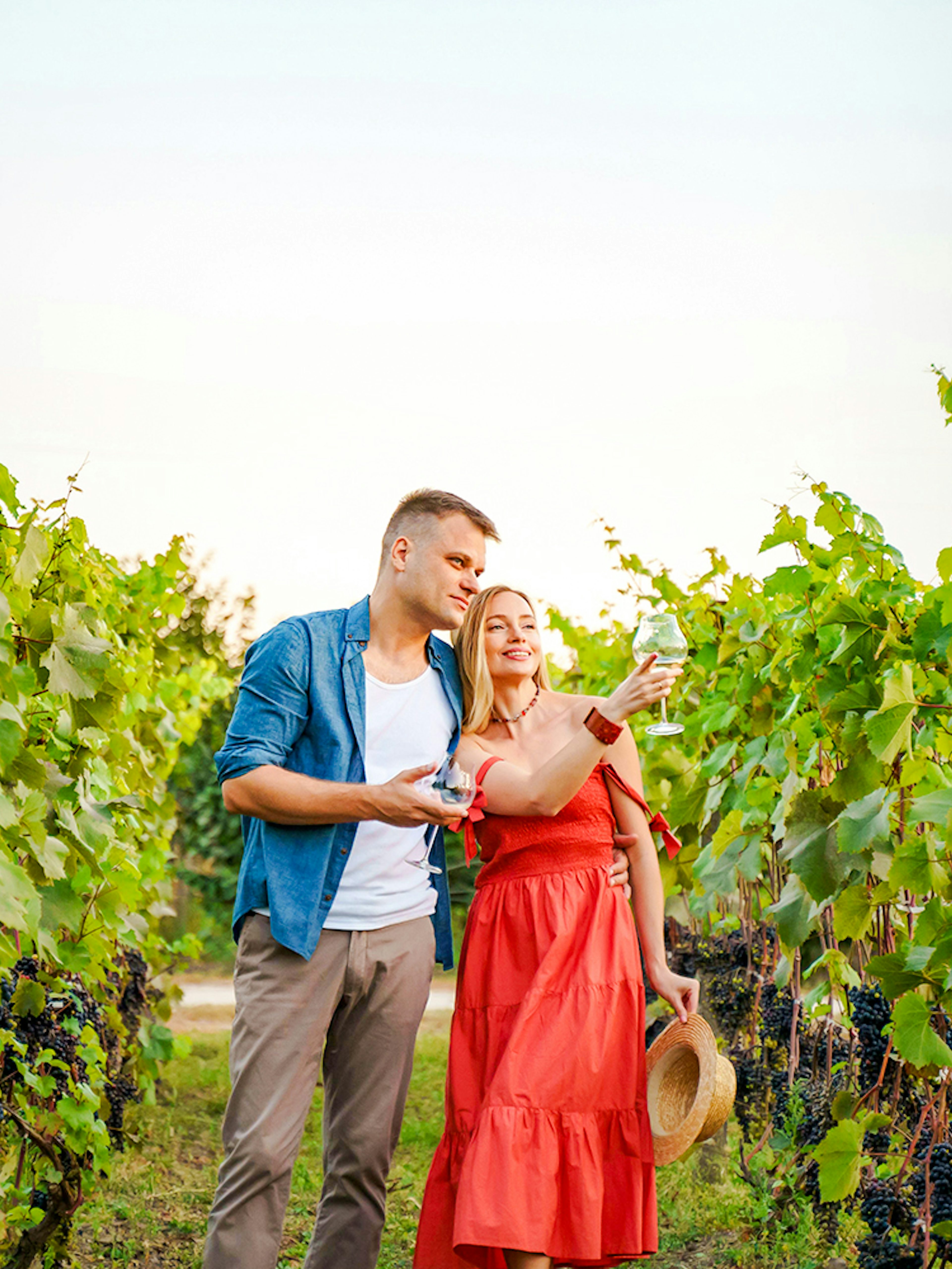 Couple enjoying wine tasting in a French vineyard.