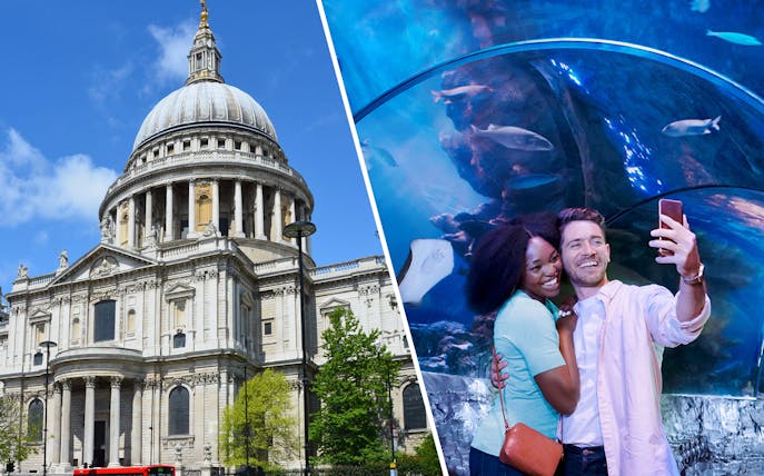 St Paul's Cathedral exterior and couple taking selfie at SEA LIFE London Aquarium.
