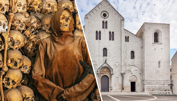 Visitors exploring Roman Catacombs and San Nicola Basilica in Rome, Italy, during a guided combo tour.