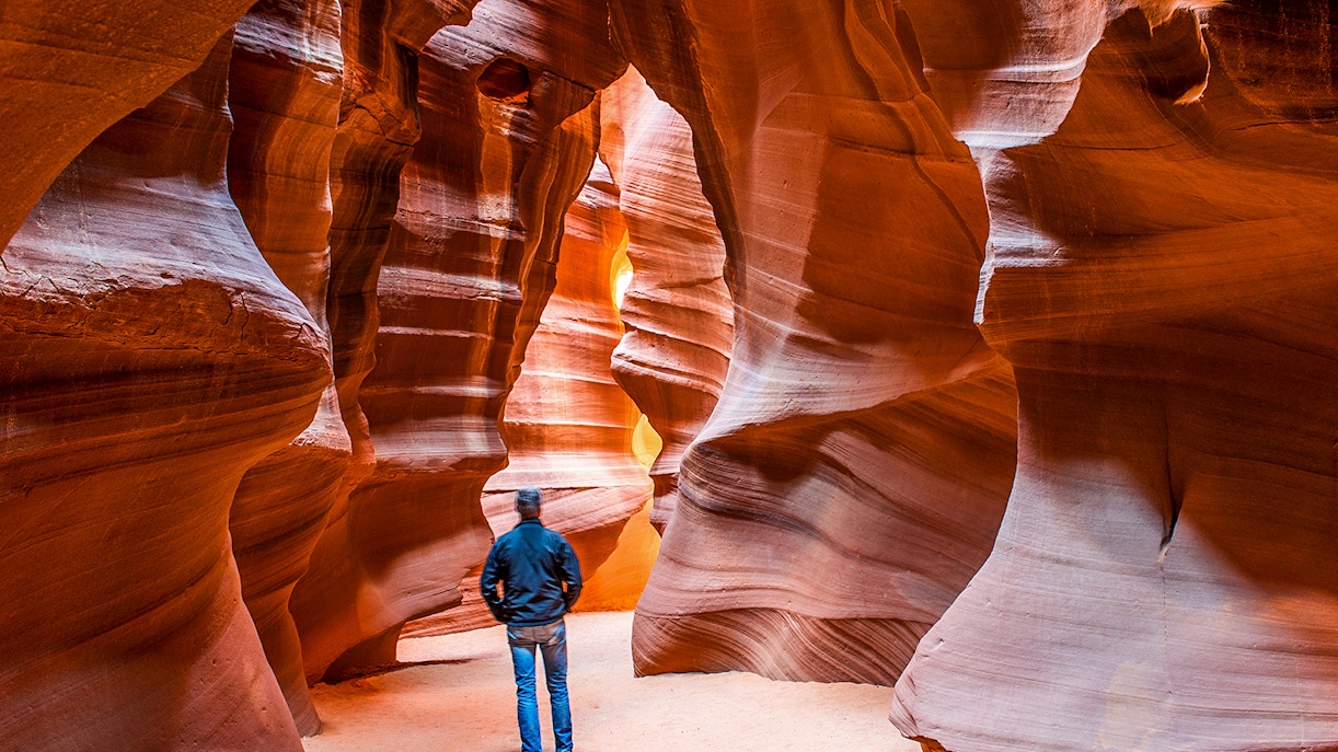 Upper Antelope Canyon sandstone formations with sunlight beams, Page, Arizona.