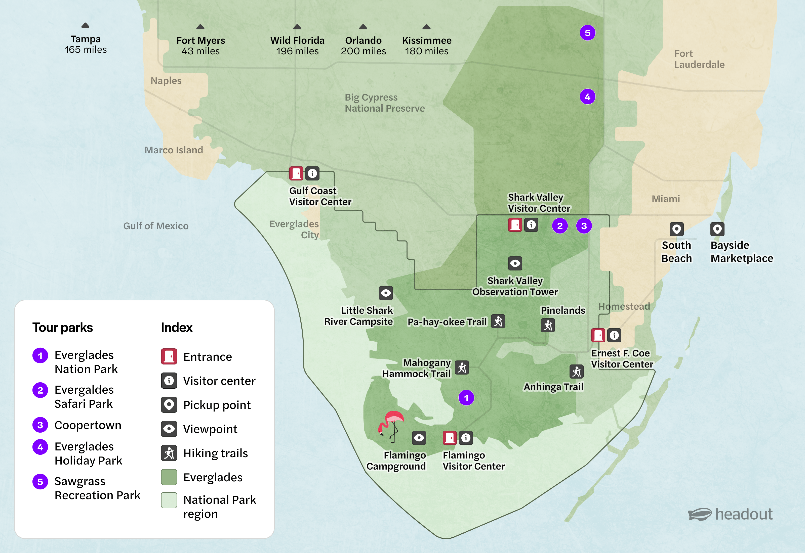 Map of Everglades National Park showing visitor centers, trails, and tour parks.