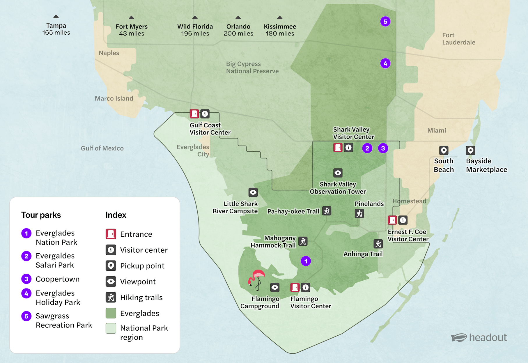 Map of Everglades National Park showing visitor centers, trails, and tour parks.