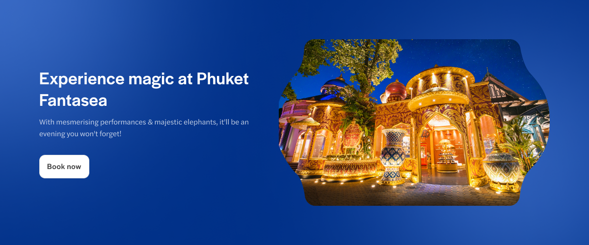 Phuket Fantasea entrance illuminated at night, showcasing ornate architecture in Phuket, Thailand.