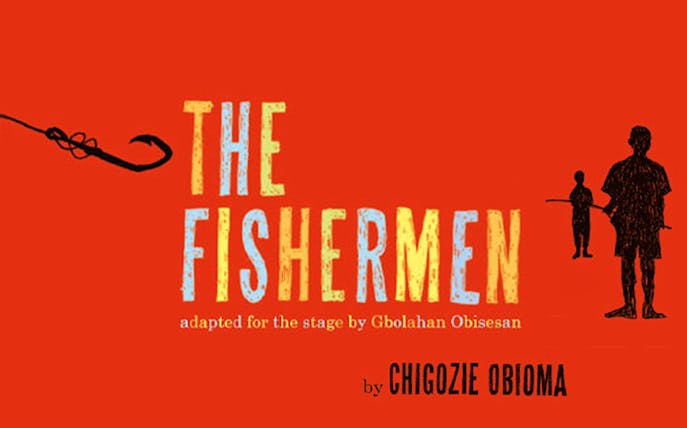 The Fishermen stage adaptation by Gbolahan Obisesan, red background with silhouettes.