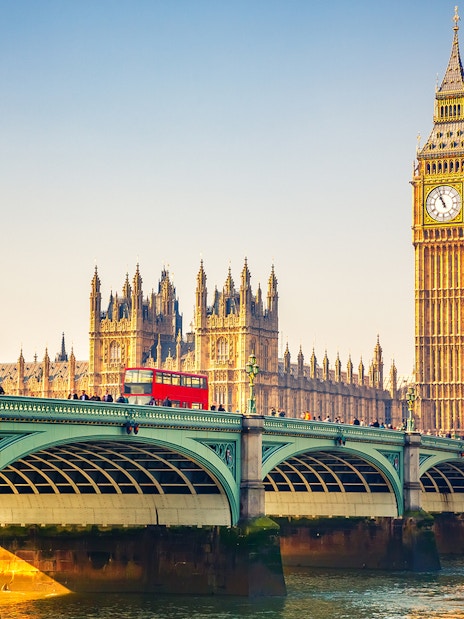 Westminster Bridge with Big Ben and Houses of Parliament in London.