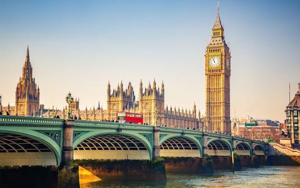 Westminster Bridge with Big Ben and Houses of Parliament in London.