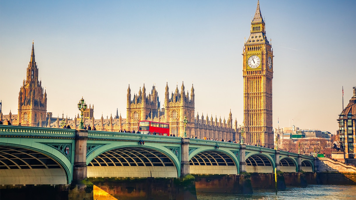 Big Ben and Westminster Bridge over the River Thames in London.