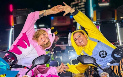 Go-kart riders in costumes enjoying Shibuya Crossing 75-Min Go-Karting Experience by Monkey Kart.