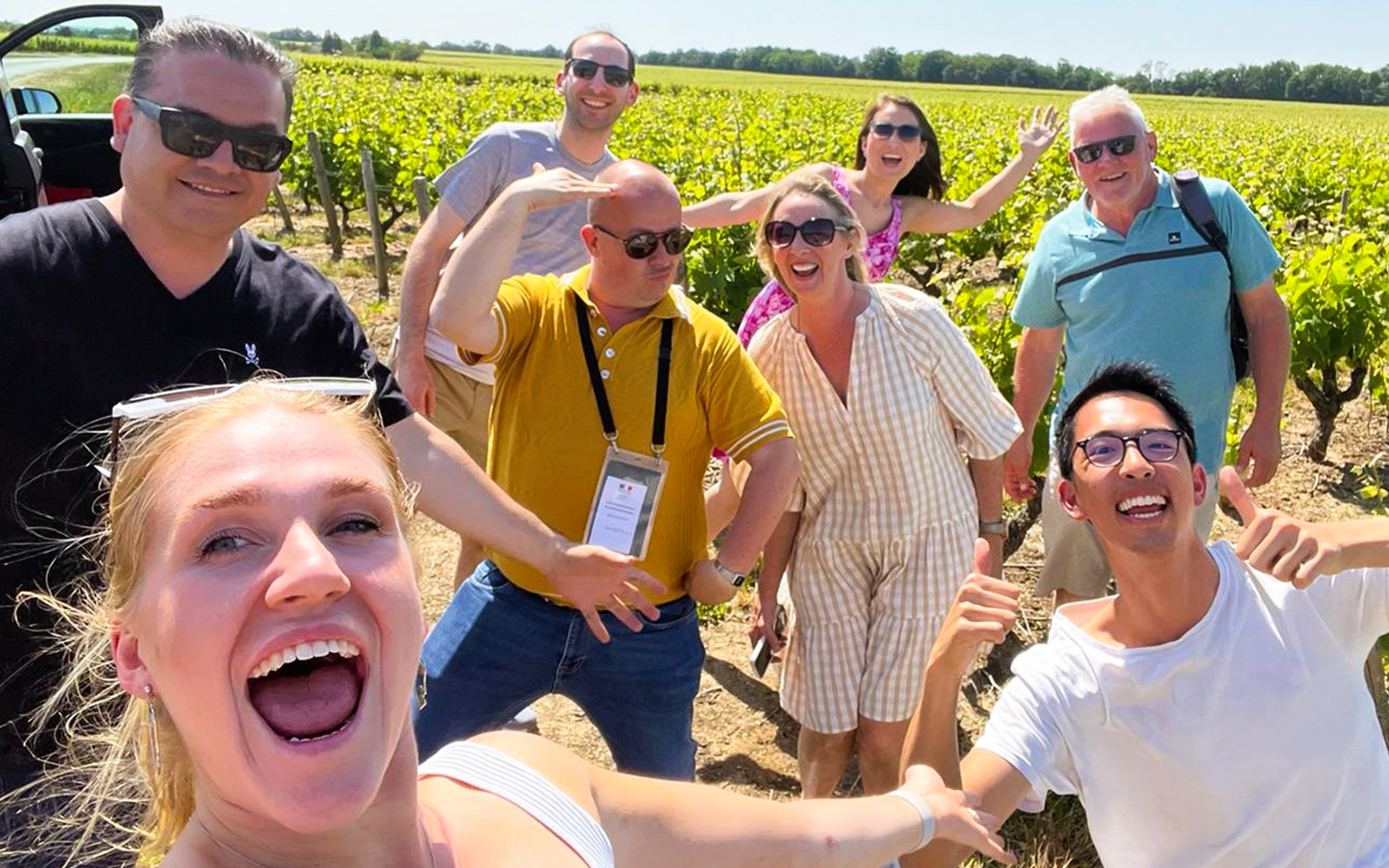 Group enjoying a vineyard tour in Vouvray, France.
