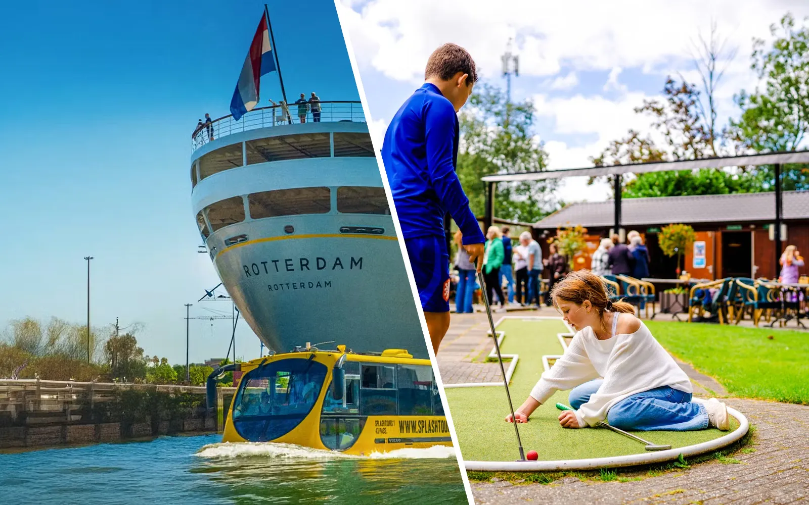 Rotterdam Splashboat tour and mini-golf course with people playing.