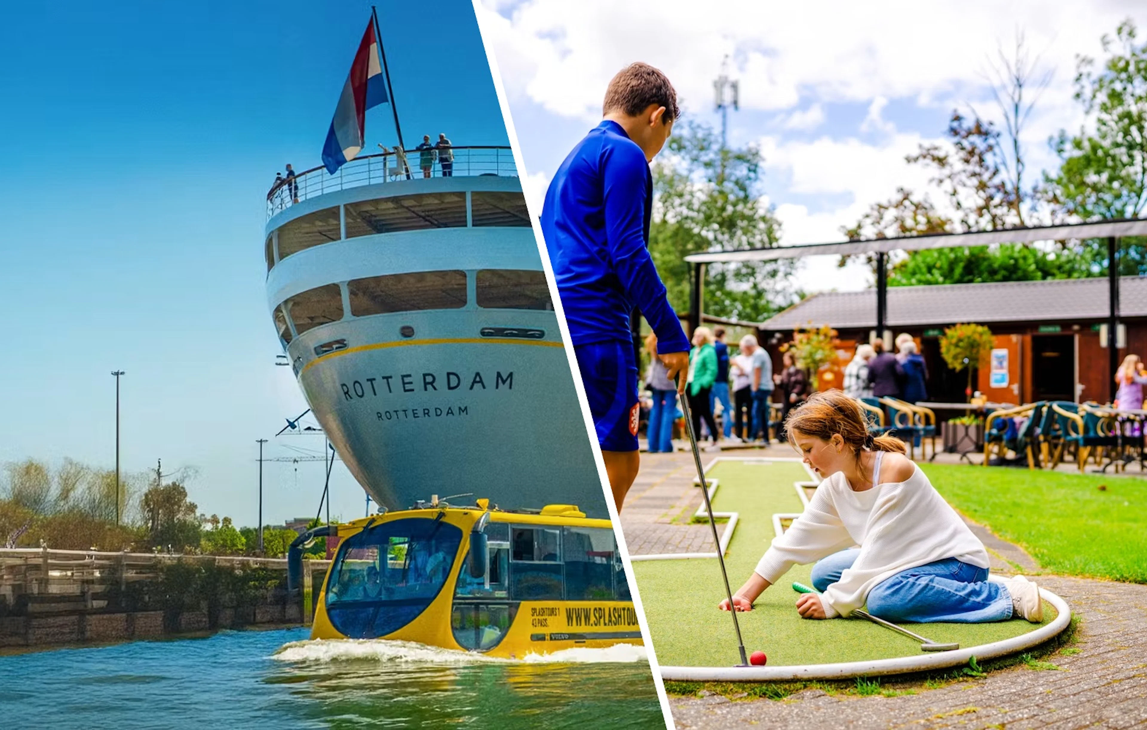 Rotterdam Splashboat tour and mini-golf course with people playing.