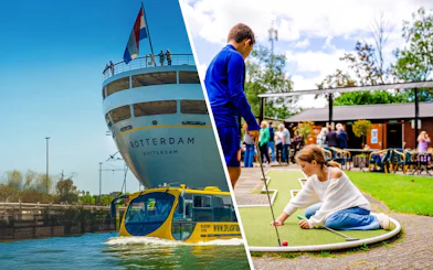 Rotterdam Splashboat tour and mini-golf course with people playing.
