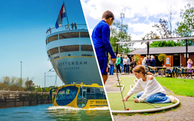 Rotterdam Splashboat tour and mini-golf course with people playing.
