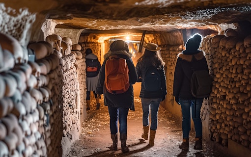 Tourists walking with guide through Paris catacombs.