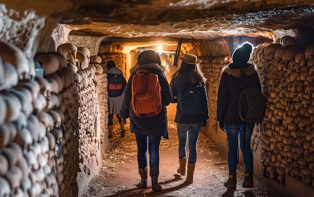 Tourists walking with guide through Paris catacombs.