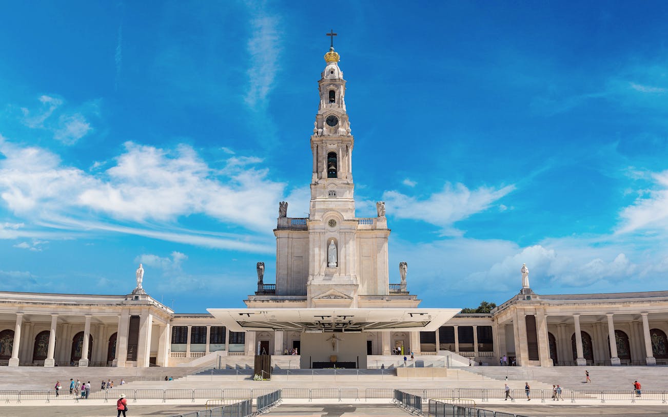 Sanctuary of Our Lady of Fátima with blue sky, Portugal.