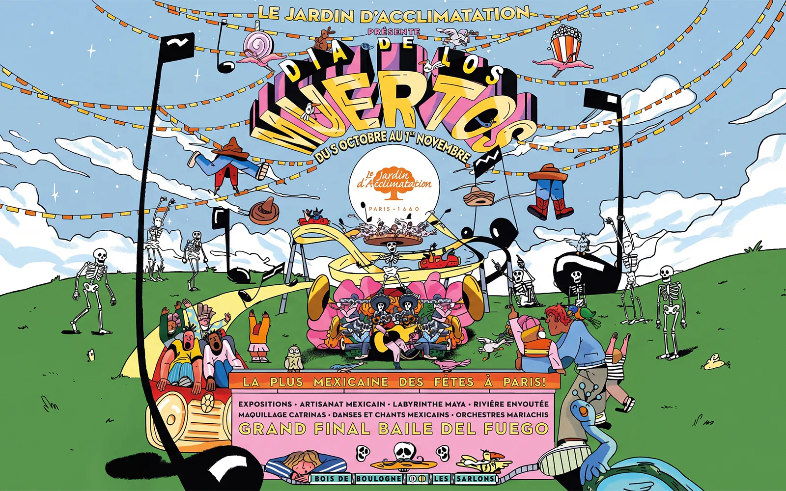 Jardin d'Acclimatation Dia de los Muertos festival poster with colorful skeletons and festive decorations.