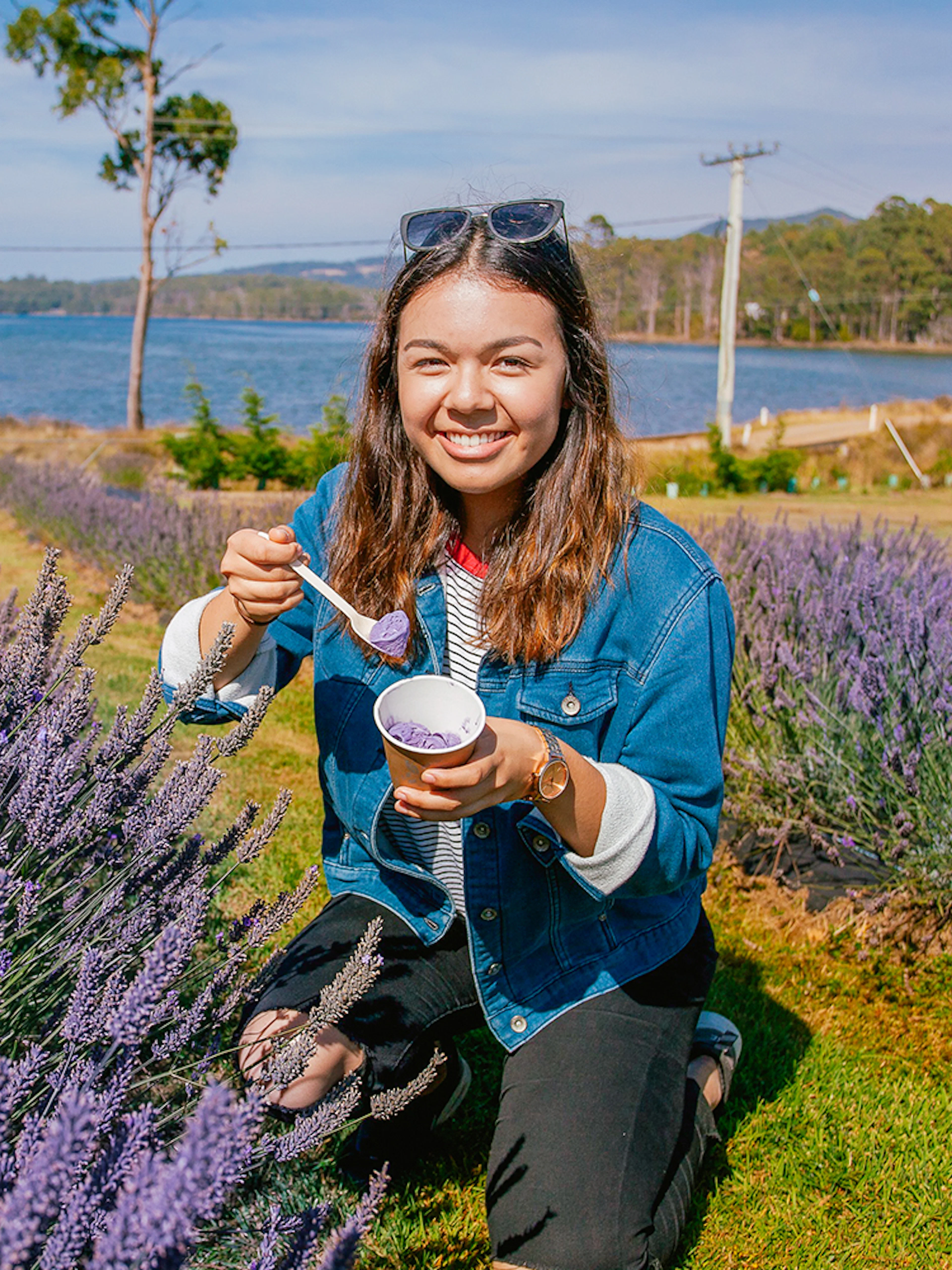 Person enjoying lavender ice cream at a lavender farm near Port Arthur.