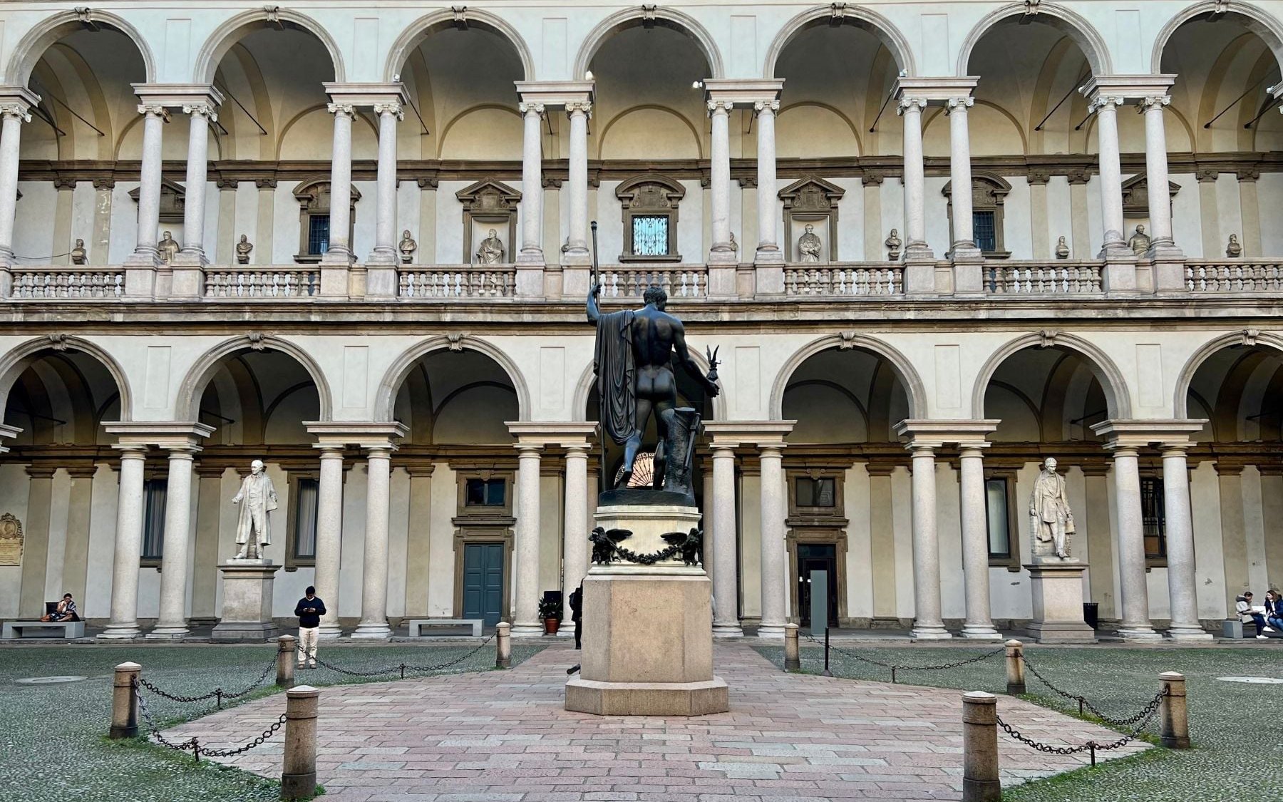 Palazzo Brera courtyard with statue at Pinacoteca di Brera, Milan.