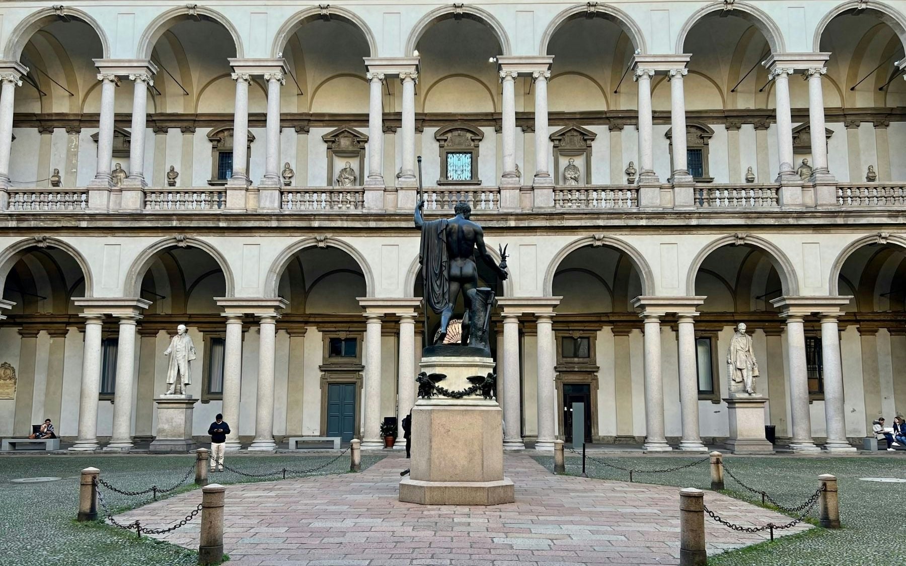 Palazzo Brera courtyard with statue at Pinacoteca di Brera, Milan.