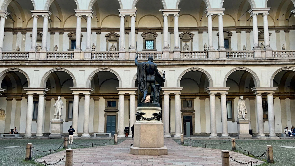 Palazzo Brera courtyard with statue at Pinacoteca di Brera, Milan.
