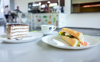 Sandwich, cake slice, and coffee at Dandar Spa café.