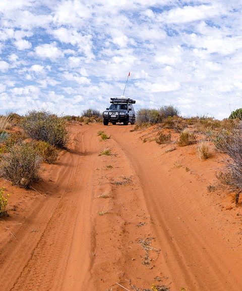 4WD vehicle driving on sandy trail with shrubs on Moreton Island.