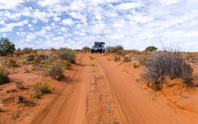 4WD vehicle driving on sandy trail with shrubs on Moreton Island.