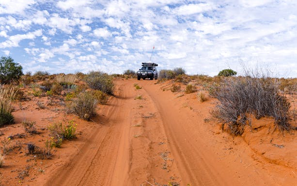 4WD vehicle driving on sandy trail with shrubs on Moreton Island.