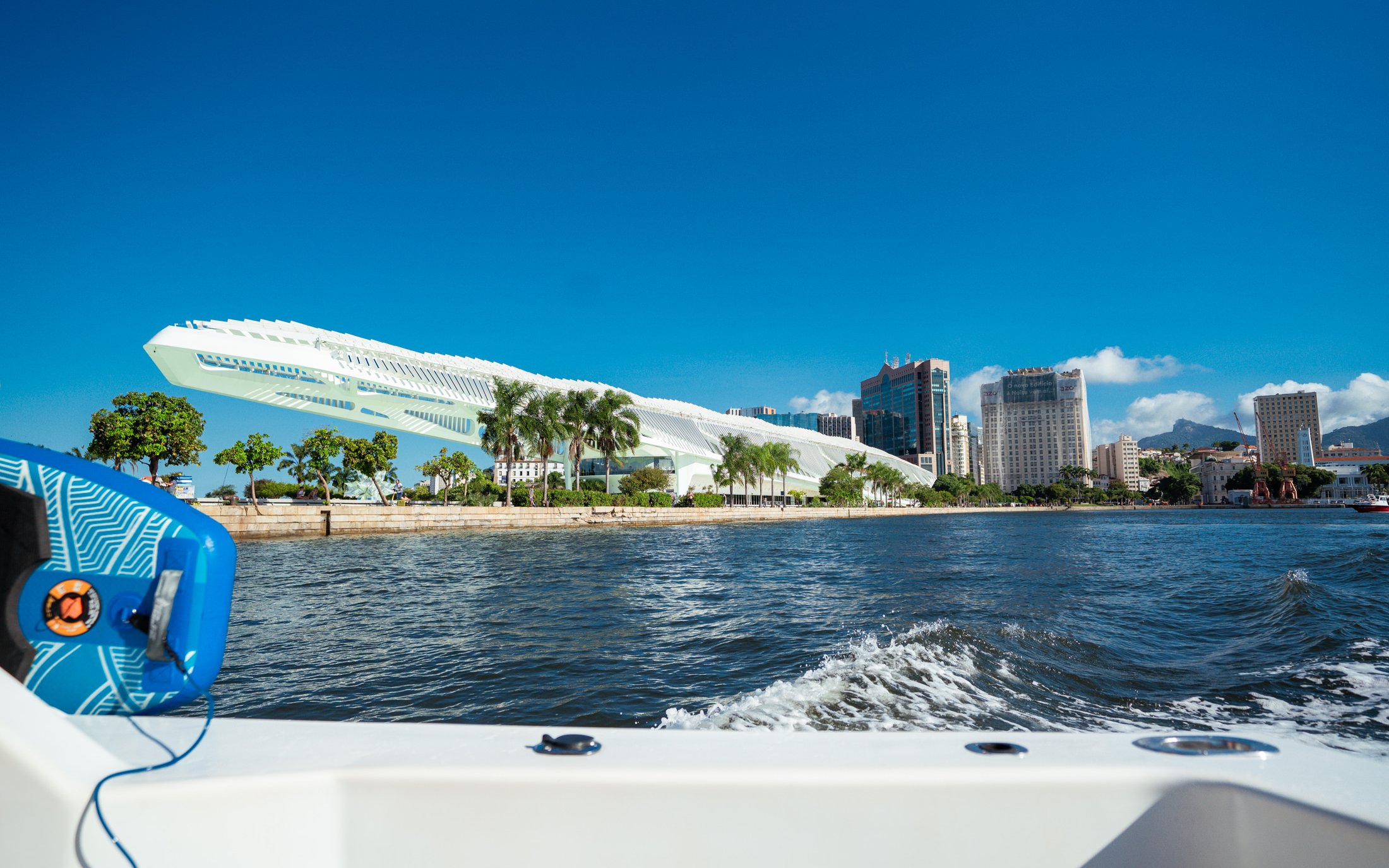 Speedboat view of Museum of Tomorrow, Rio de Janeiro waterfront.