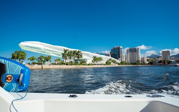 Speedboat view of Museum of Tomorrow, Rio de Janeiro waterfront.