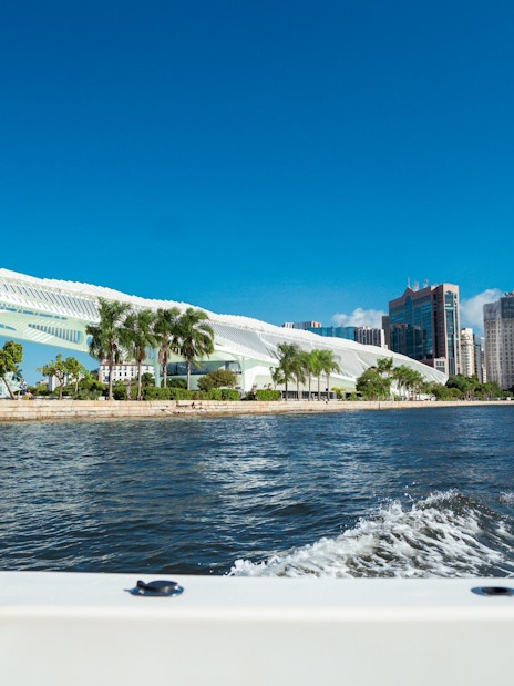 Speedboat view of Museum of Tomorrow, Rio de Janeiro waterfront.