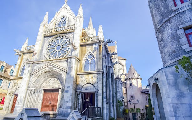 Gothic-style cathedral facade at Ba Na Hills, Da Nang day tour.