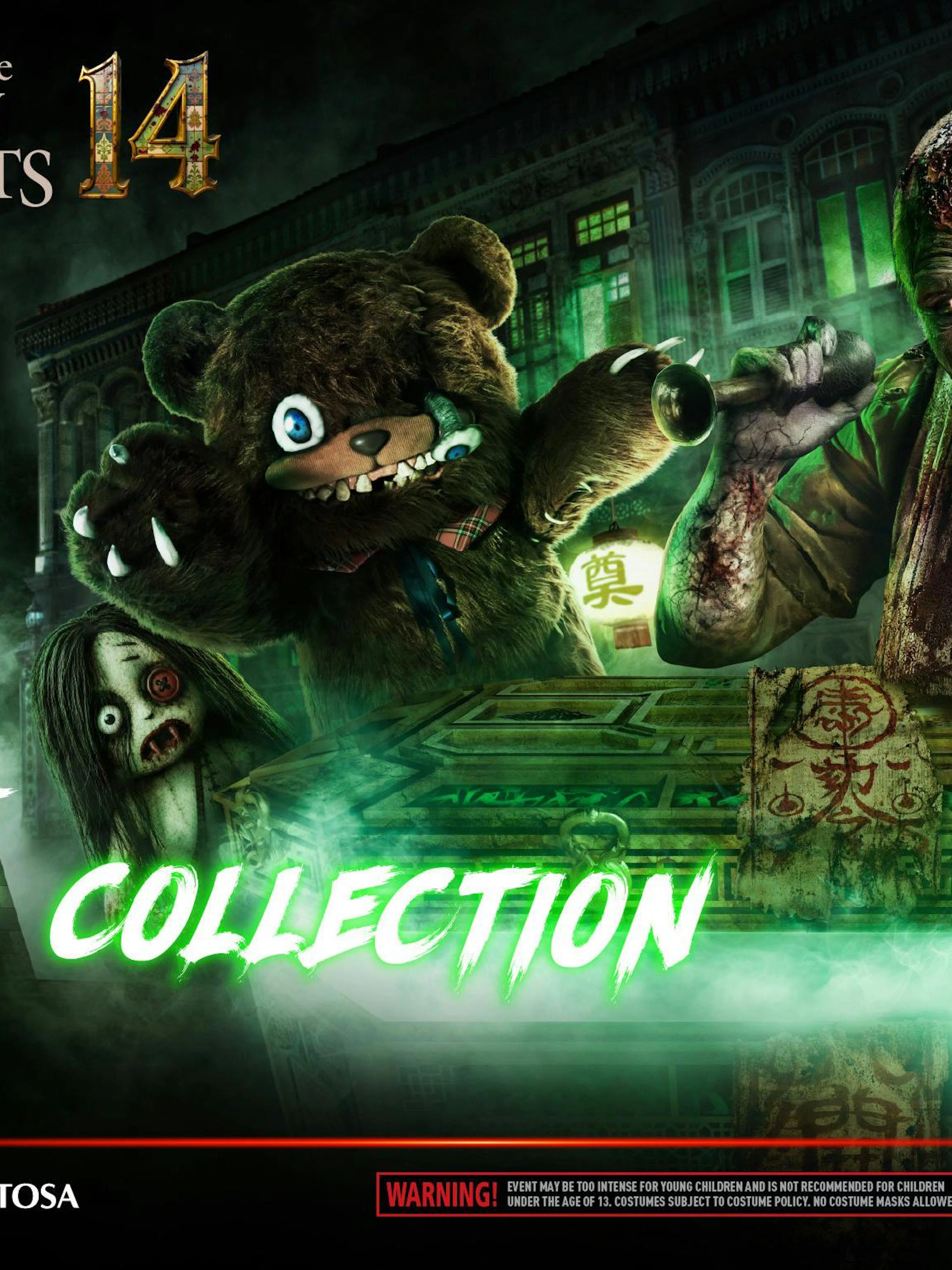 Universal Studios Singapore entrance with horror characters for Halloween Horror Nights 14 at Resorts World Sentosa.