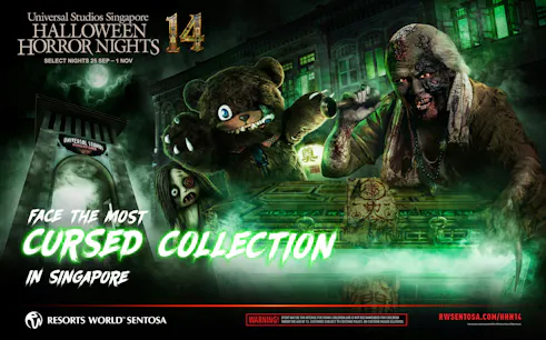 Universal Studios Singapore entrance with horror characters for Halloween Horror Nights 14 at Resorts World Sentosa.