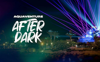 Aquaventure After Dark 2026 event with laser lights and palm trees at night.