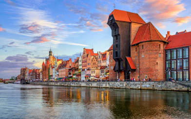 Gdansk's Crane and gothic old town at sunset, Poland.
