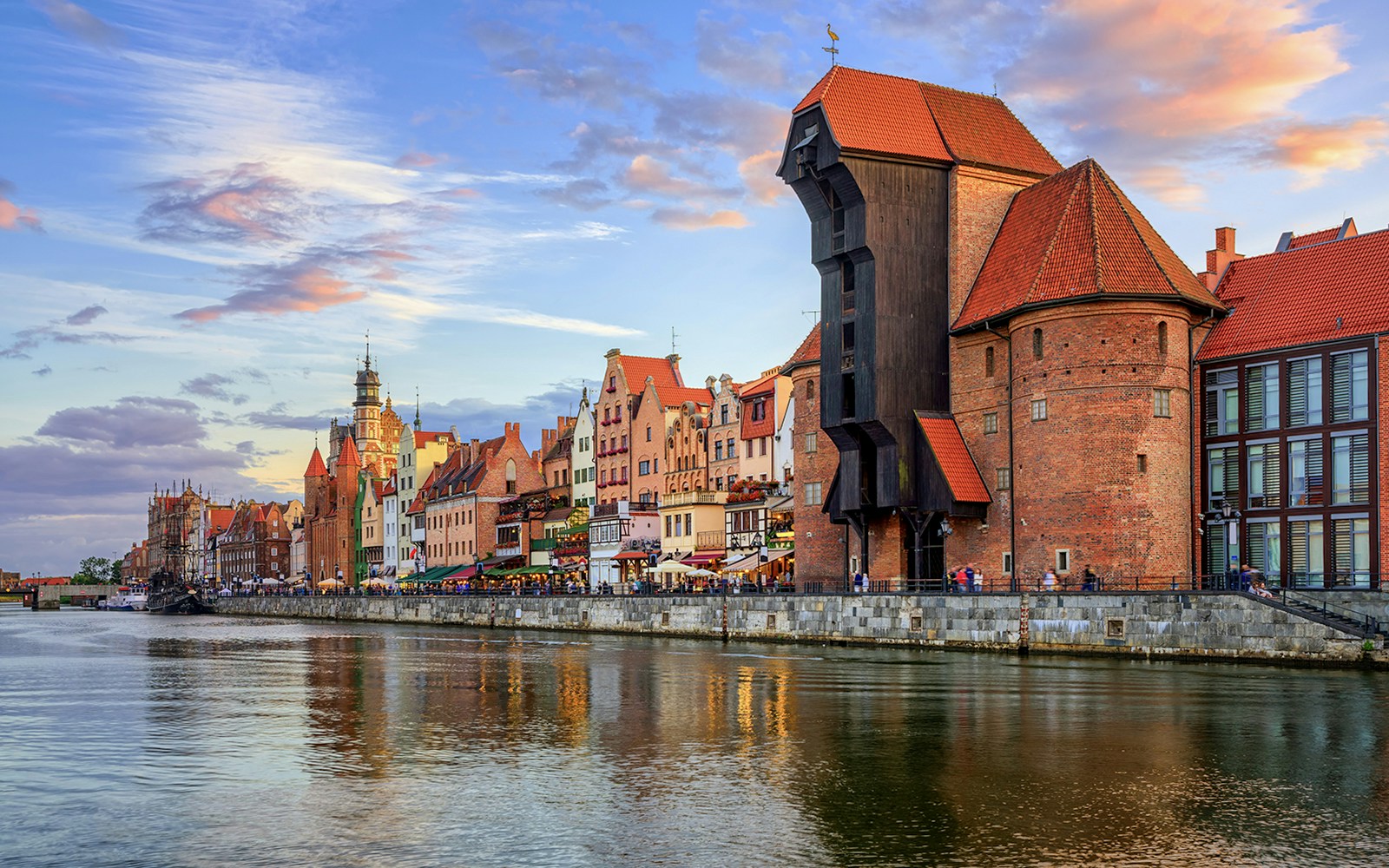 Gdansk's Crane and gothic old town at sunset, Poland.