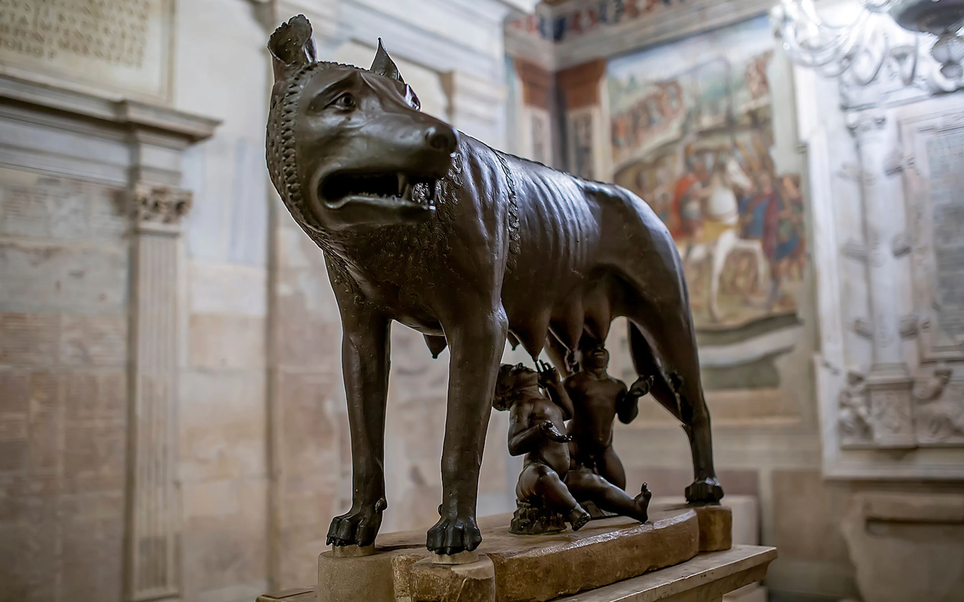 Capitoline Museum statue of the she-wolf with Romulus and Remus in Rome.