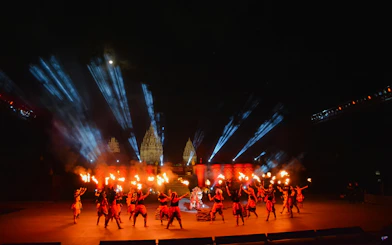 Ramayana Ballet performance with fire dancers at Prambanan Temple, Indonesia.