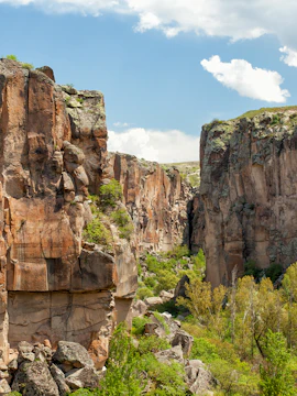 Ihlara Valley canyon with steep rock walls and lush greenery, Cappadocia, Turkey.