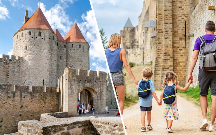 Carcassonne Castle with tourists entering and family walking along the castle walls.